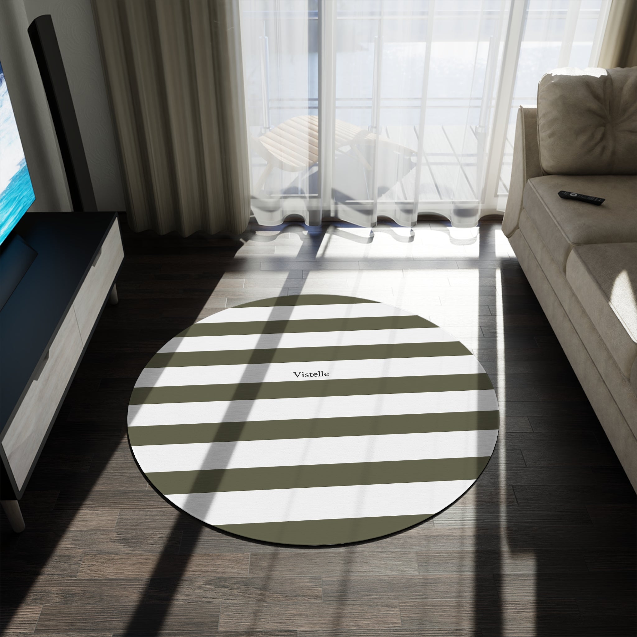 Vistelle striped round rug — olive & white rug
